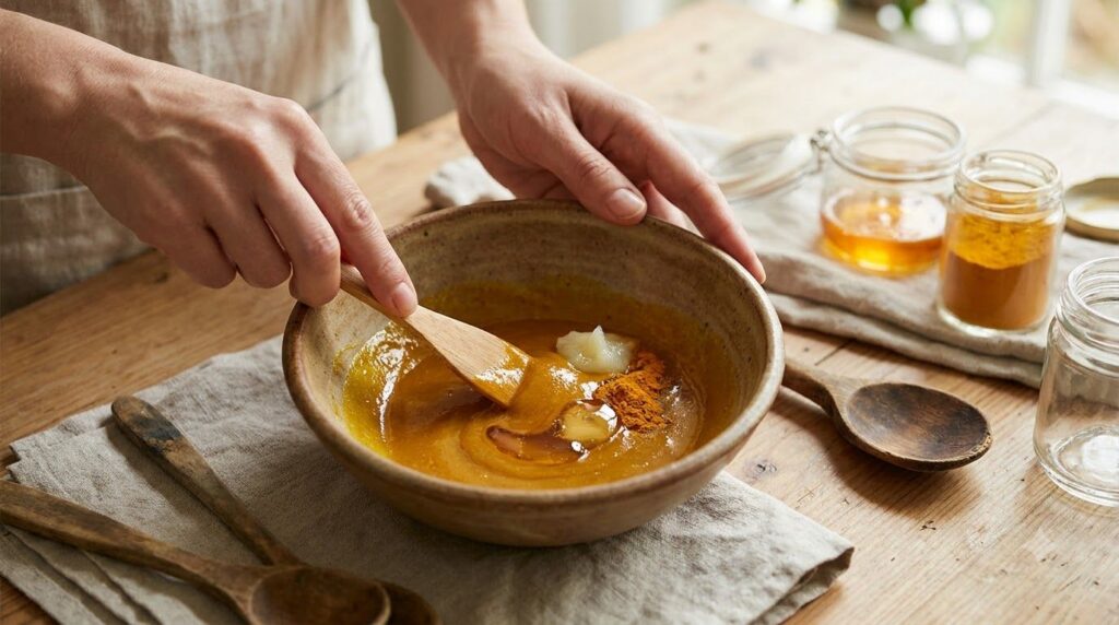 Mixing the Vaseline honey and turmeric in a small bowl to form a paste