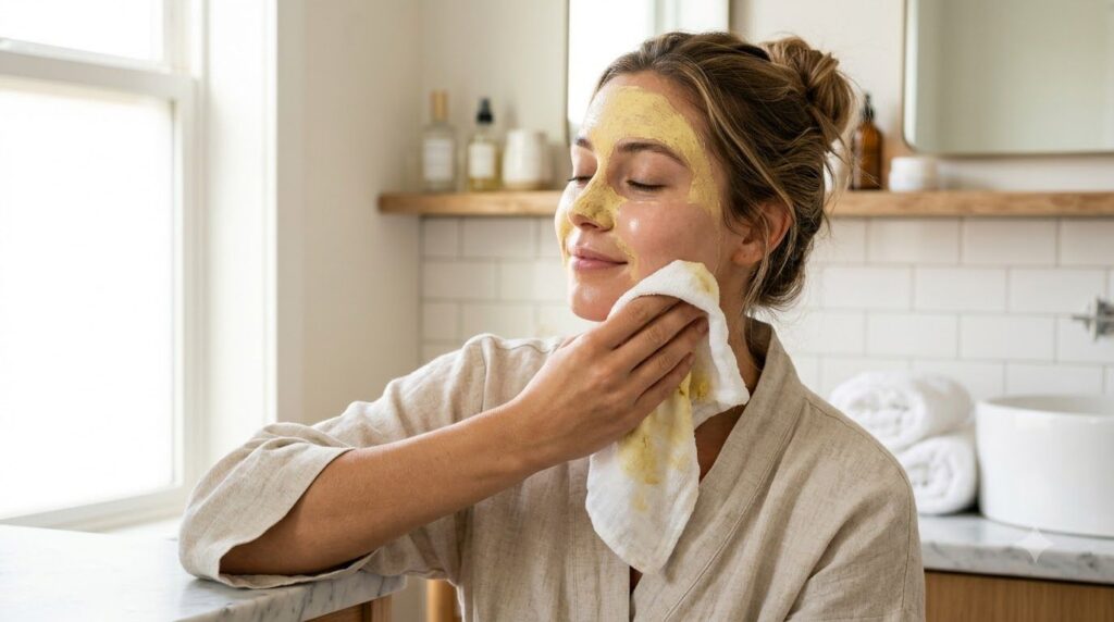 A woman gently removing the turmeric face mask from her radiant skin with a soft damp cloth