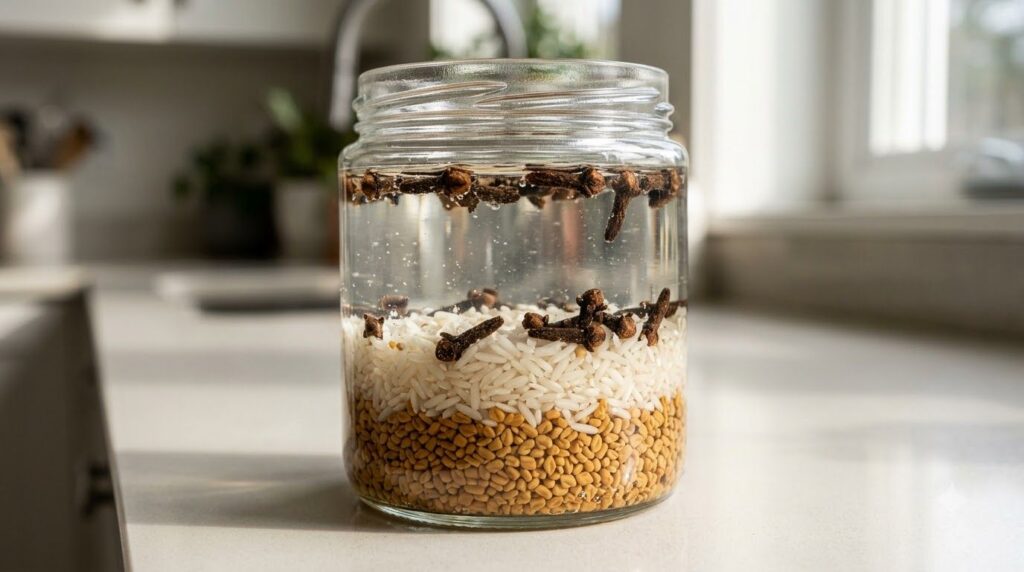A clear glass jar filled with water fenugreek seeds rice and cloves sitting on a kitchen counter representing the infusi