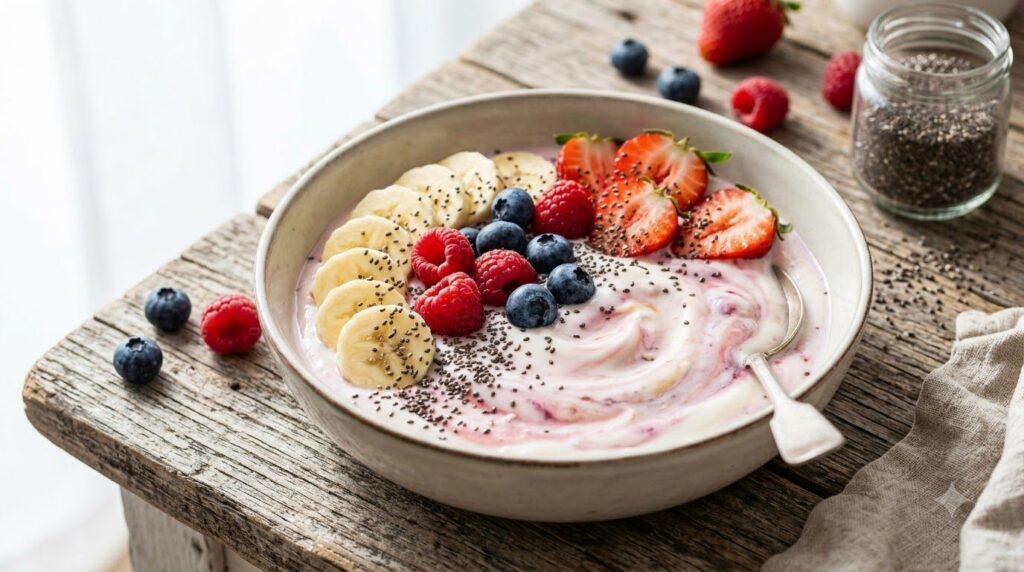 Dry chia seeds sprinkled over a bowl of vibrant yogurt with fresh fruit adding texture and visual appeal