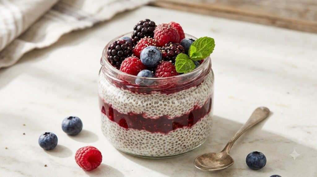 A vibrant layered chia pudding in a glass jar topped with fresh berries and a mint leaf showcasing the creamy gel-like t
