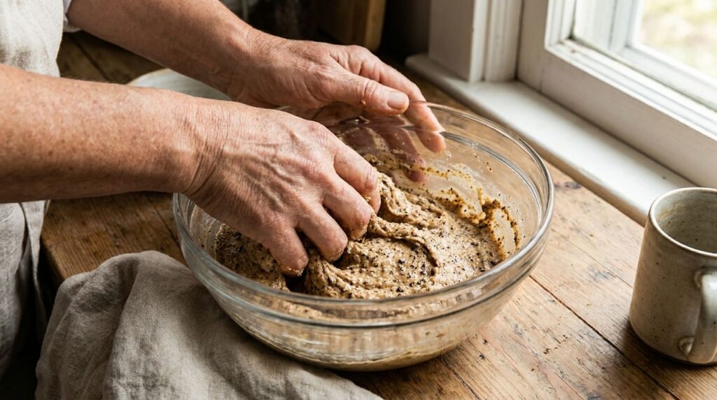 Close-up of hands mixing ingredients in a small bowl to create the DIY collagen cream showing a creamy texture with coff
