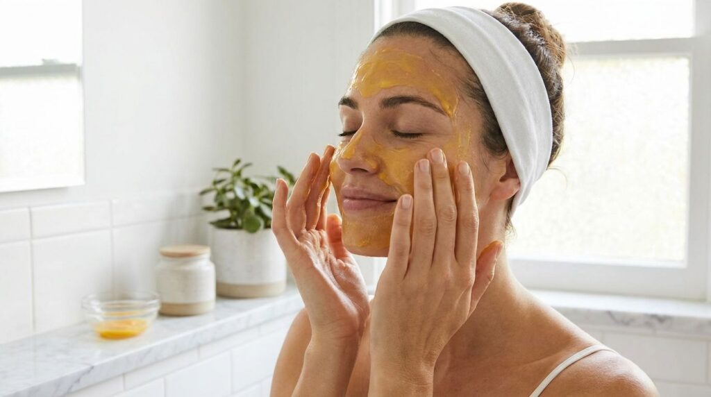 A woman gently applying a yellow-tinted egg yolk face mask to her clean face with her fingertips Her eyes are closed sho