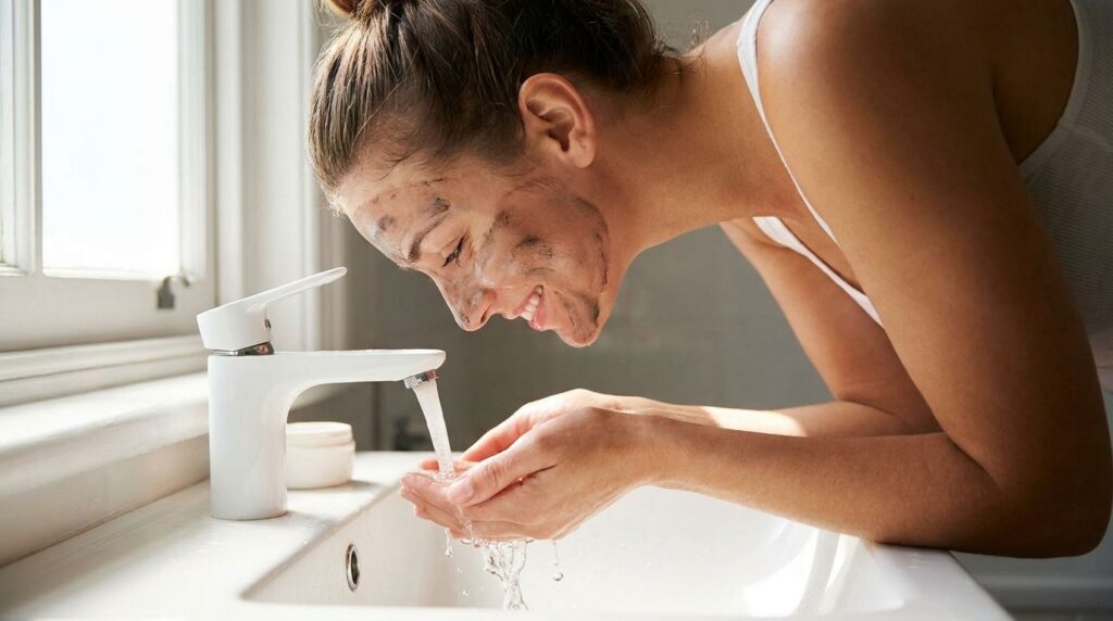 A woman gently rinsing off a face mask with lukewarm water over a sink showing clear refreshed skin underneath Her hands
