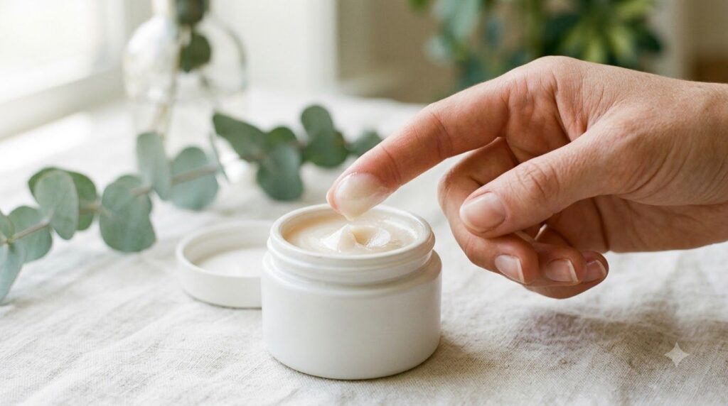 A hand with fingertips gently scooping a small amount of the mixed Vaseline and baby oil balm from a jar