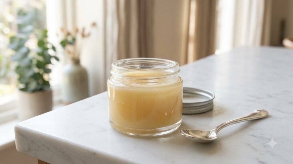 A close-up of a small glass jar containing the freshly mixed Vaseline and baby oil balm with a spoon beside it