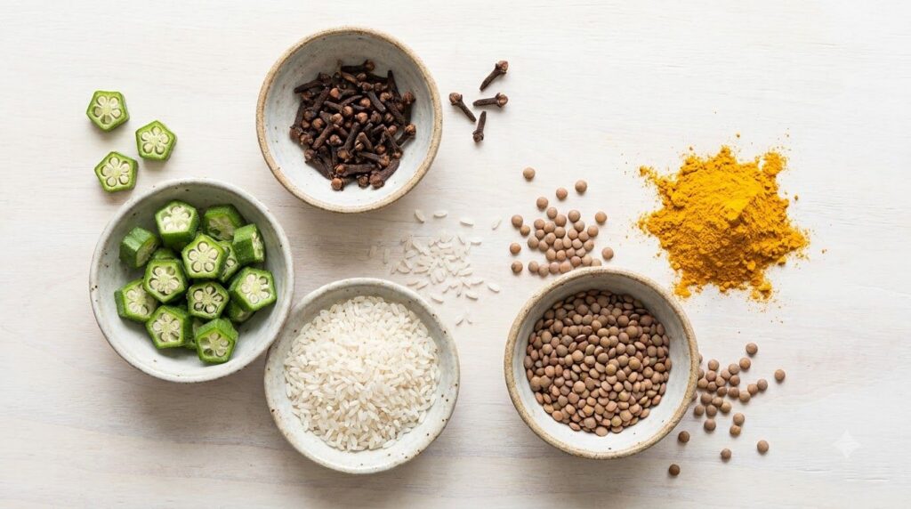 A variety of raw ingredients laid out on a clean surface sliced okra whole cloves uncooked white rice brown lentils and