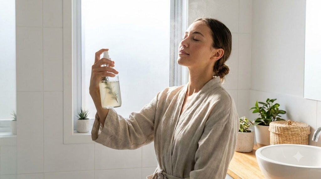 A woman gently misting her face with a DIY facial spray from a clear bottle Her eyes are closed and she looks refreshed
