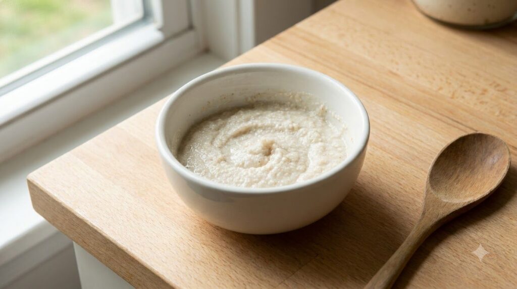 A small bowl with a creamy white paste showing the blended mixture of baking soda hydrogen peroxide and Vaseline ready f