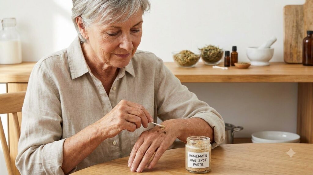 A woman gently dabbing a small amount of the age spot paste onto an age spot on her hand or arm demonstrating cautious a