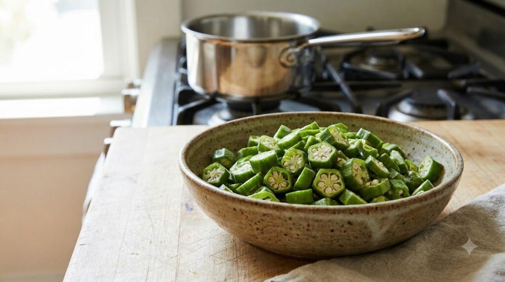 Sliced fresh okra in a bowl with a small pot in the background ready for simmering The setting is a clean kitchen counte