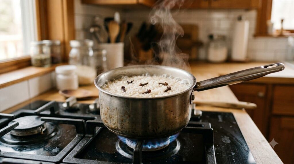 A small pot simmering with white rice and whole cloves producing a light steam Kitchen background