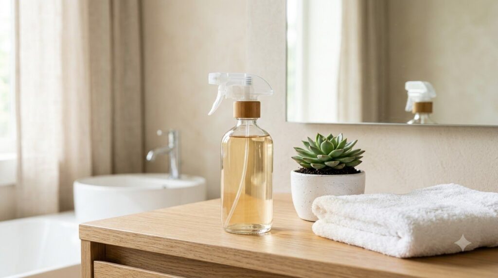A final DIY facial spray in a clear glass spray bottle sitting on a vanity next to a small plant and a neatly folded tow