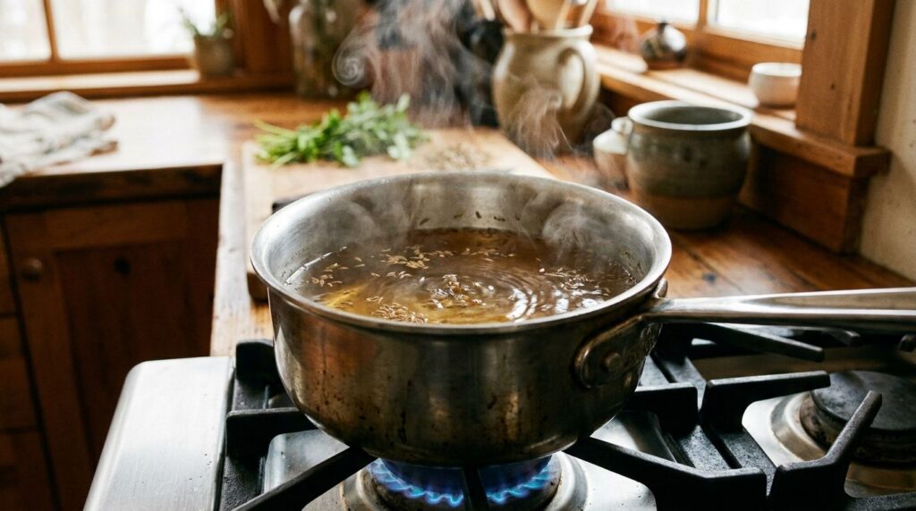 A close-up of cumin water simmering in a small saucepan on a stove with steam rising