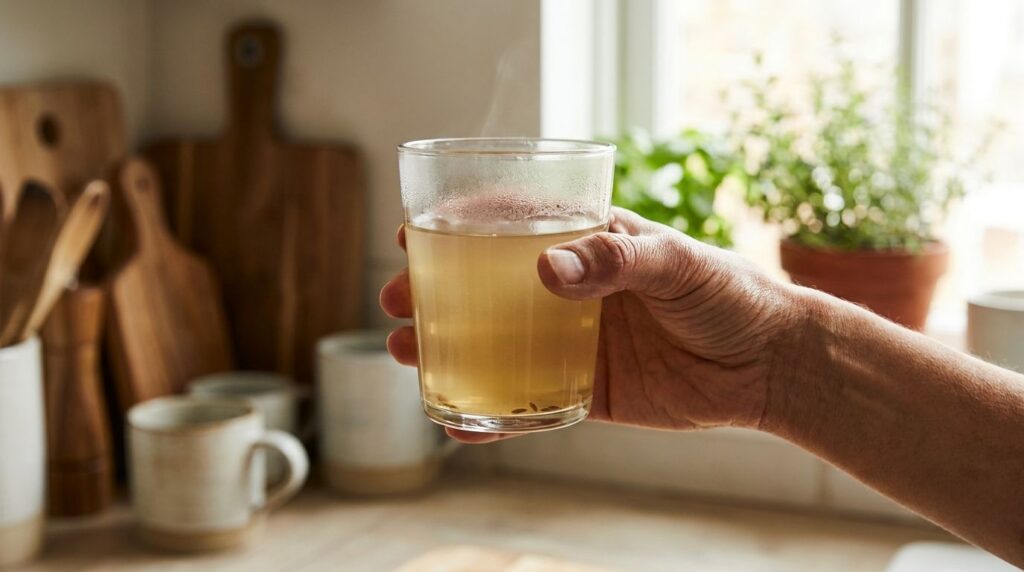 A hand holding a clear glass of strained cumin water with a blurred kitchen background