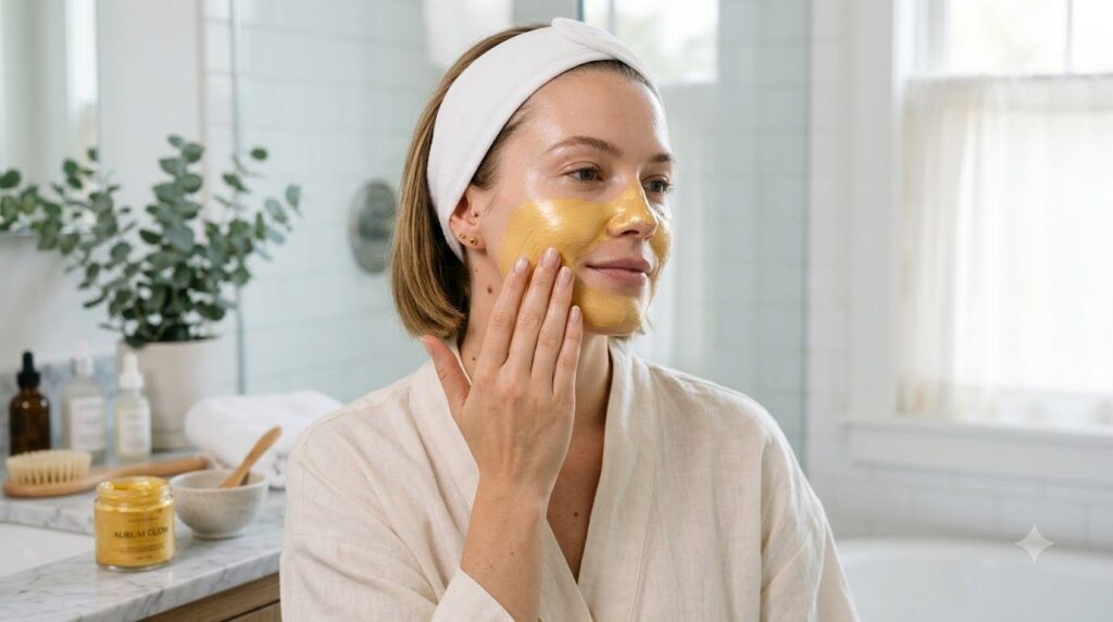 A woman gently applying a golden facial mask to her clean face smiling slightly Her hair is pulled back and her hands ar