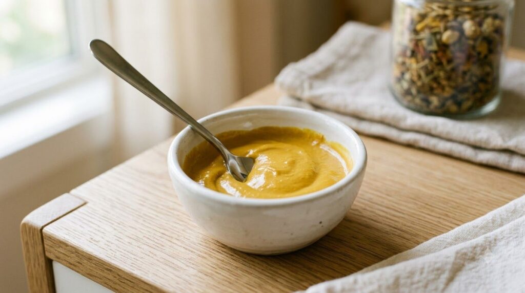 A small bowl containing the mixed DIY facial blend of baby oil turmeric honey and lemon with a spoon resting in it ready
