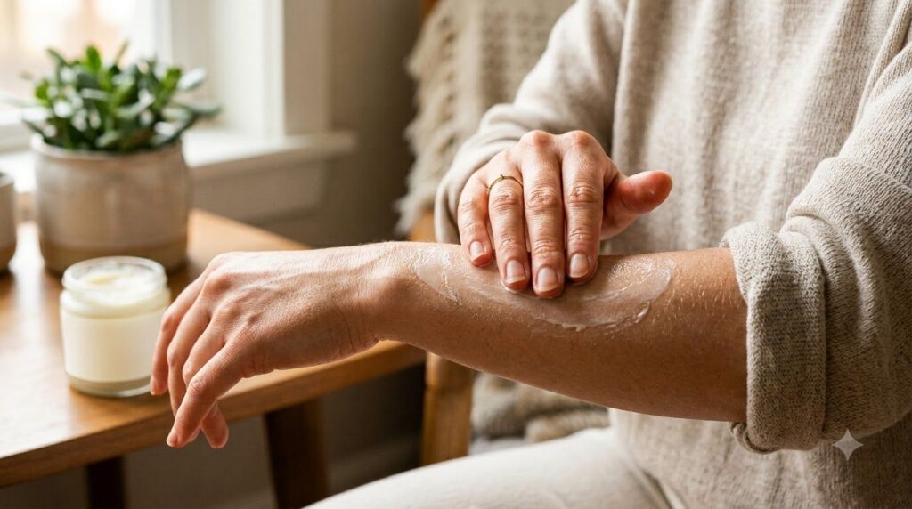 A woman applying a homemade Vaseline blend to her hands showing soft moisturized skin