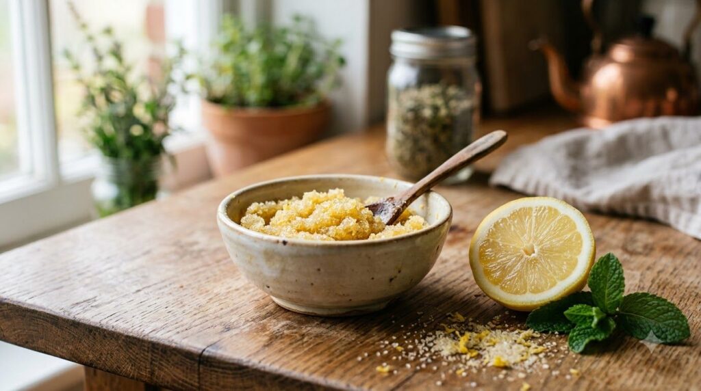 A small bowl with a homemade scrub made of sugar a hint of lemon and Vaseline next to a fresh lemon slice