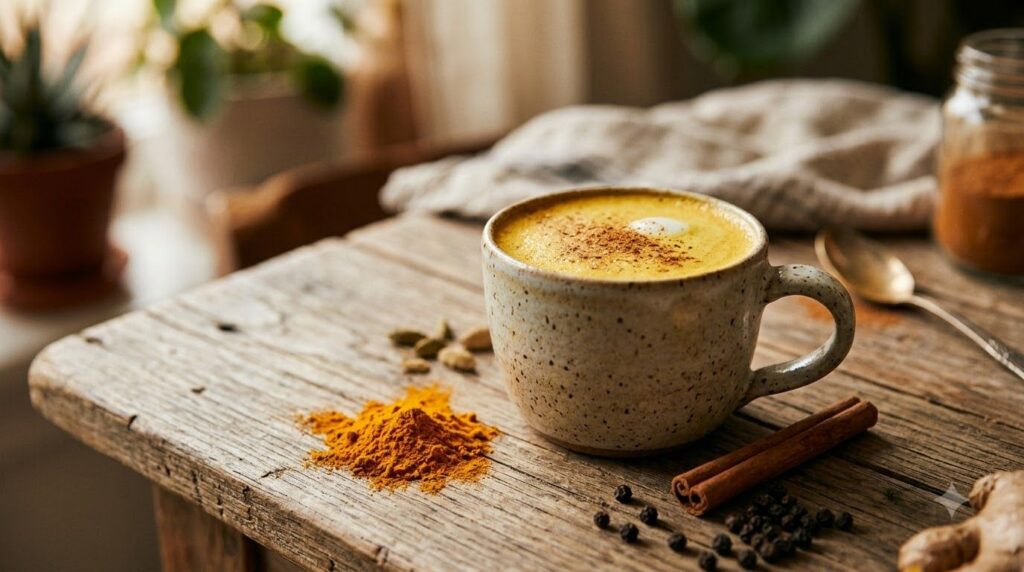 A cozy scene with a golden turmeric latte in a rustic mug next to a small bowl of turmeric powder a cinnamon stick and a