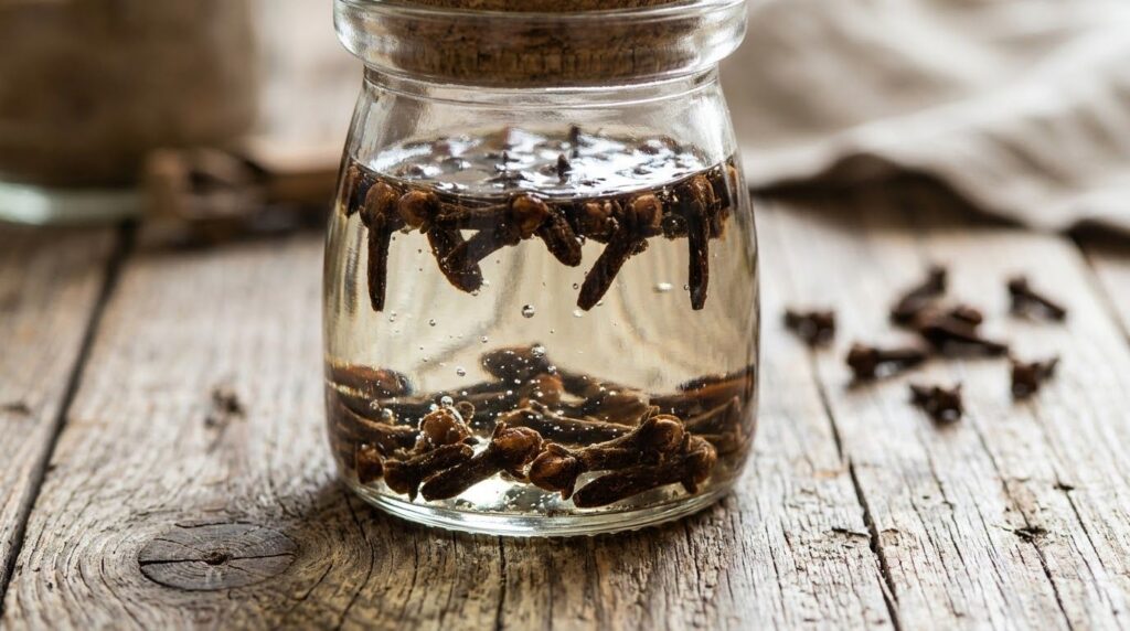 A close-up of a glass jar containing baby oil and whole cloves showing the infusion process The jar is on a rustic woode