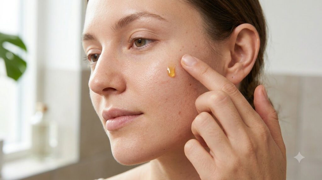 A hand applying a small drop of golden oil to a person s cheek showing a patch test The skin is clear and healthy-lookin
