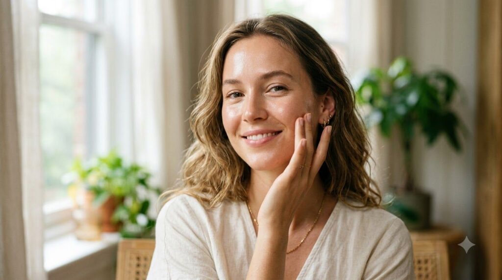 A woman with glowing radiant skin gently touching her cheek conveying a sense of youthfulness and natural beauty with so