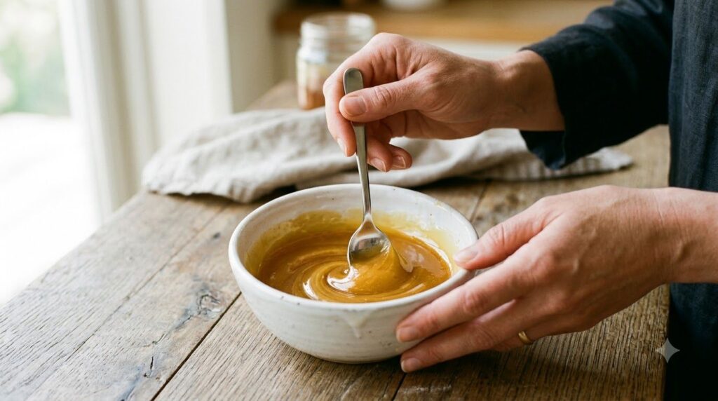 A person s hands gently stirring a golden glossy mixture in a small white ceramic bowl with a clean spoon illustrating t