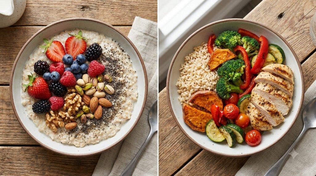 A vibrant top-down shot of a healthy breakfast bowl featuring oatmeal topped with fresh berries nuts and chia seeds next
