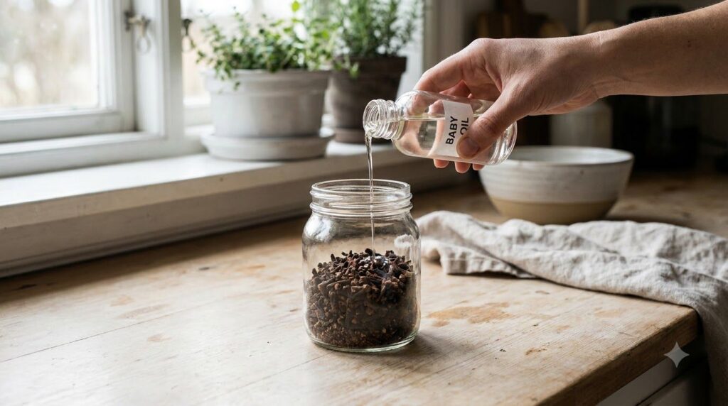 A hand pouring baby oil over crushed cloves in a glass jar set on a kitchen counter