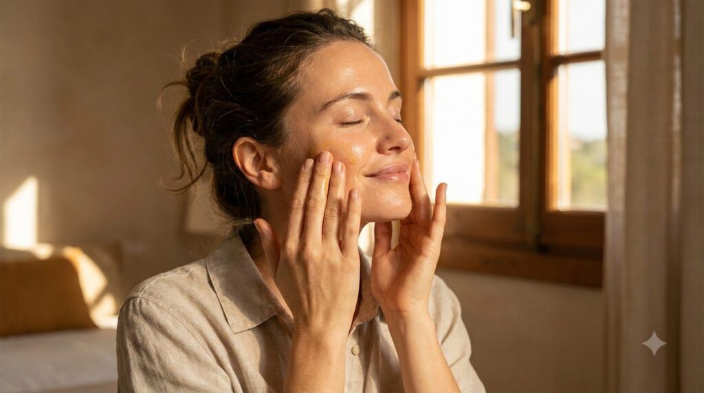 A woman gently massaging a few drops of oil onto her face looking relaxed and radiant