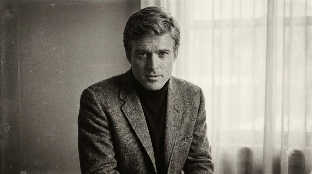 A real publicity photo of a young Robert Redford with classic leading man looks