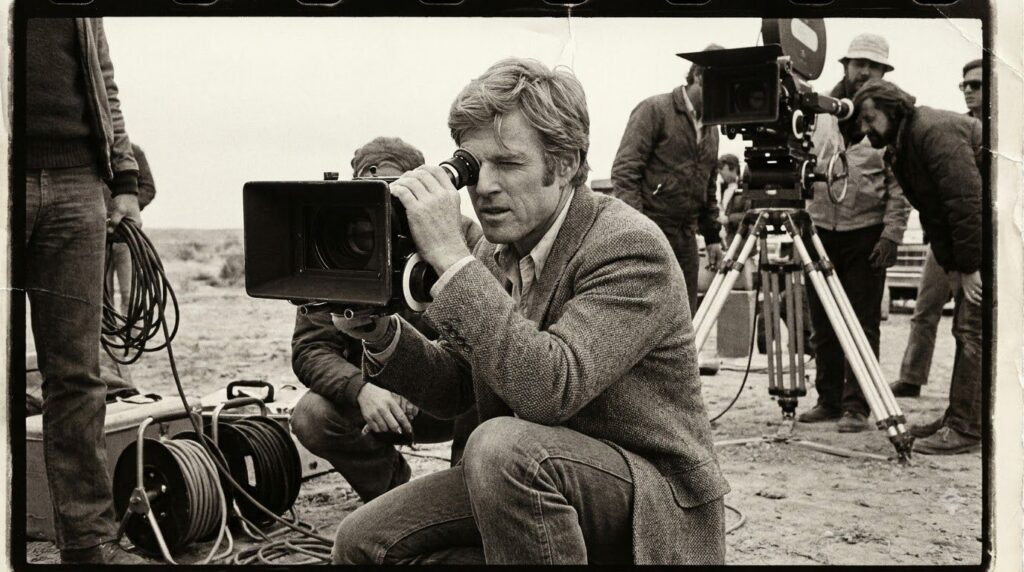 A real archival photo of Robert Redford directing a film perhaps at the Sundance Film Festival or on a movie set