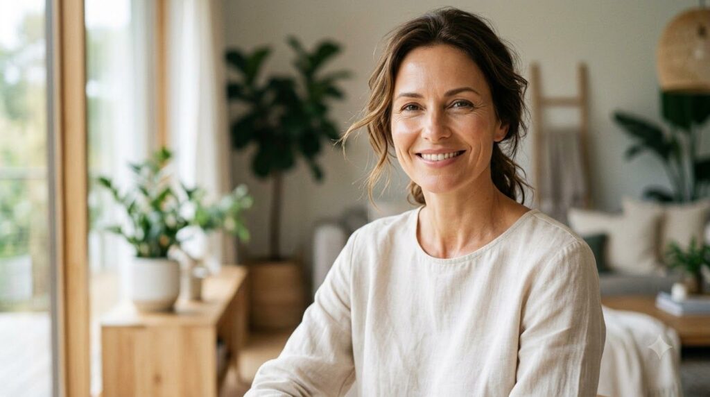 A radiant woman in her 40s smiling confidently showcasing smooth glowing skin after a consistent skincare routine The li