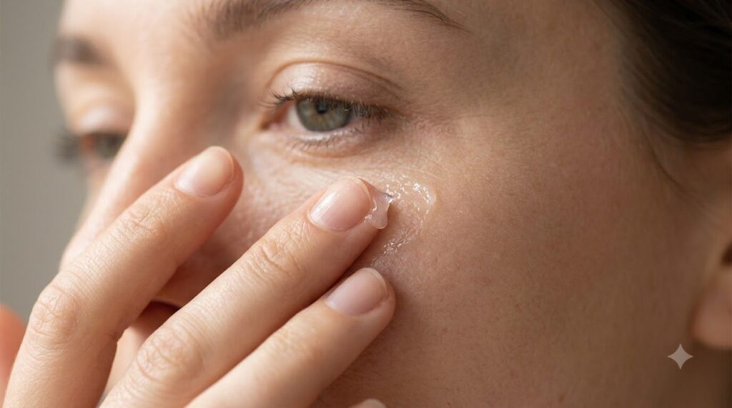 A close-up of a person s fingers gently dabbing a pea-sized amount of petroleum jelly onto the skin near the eye area il