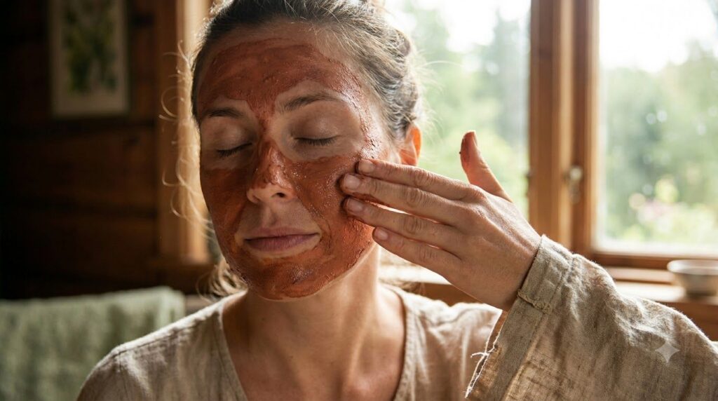 A close-up shot of a woman s hand gently applying the reddish tomato and honey mask mixture onto her cheek Her eyes are