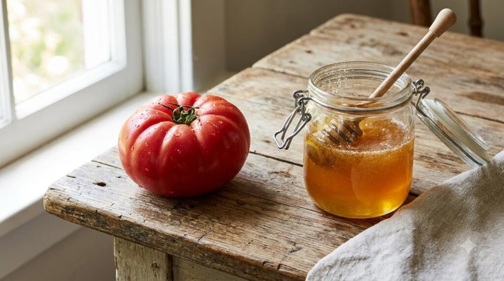 A fresh ripe red tomato and a small jar of golden raw honey are placed side-by-side on a rustic wooden surface ready for