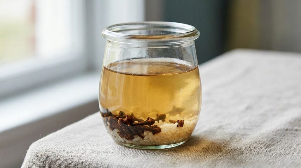 Close-up of a small glass jar containing Johnson s Baby Oil with whole cloves and white rice infusing