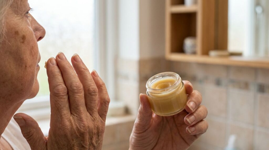 A woman gently applying a small amount of the homemade balm to her cheek focusing on an age spot area with a soft natura