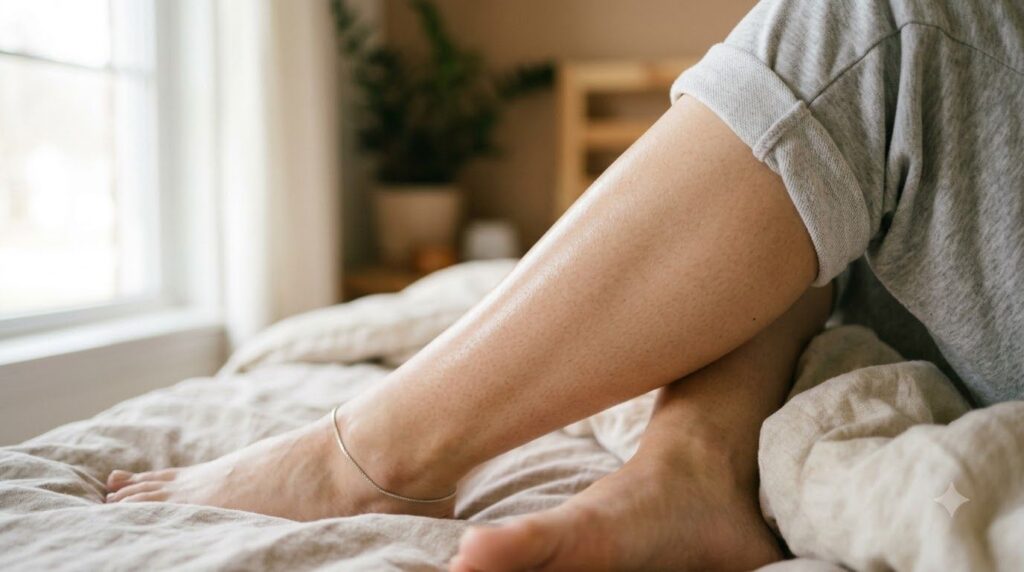 A close-up of a woman s smooth moisturized leg after using a hair removal remedy showing soft skin