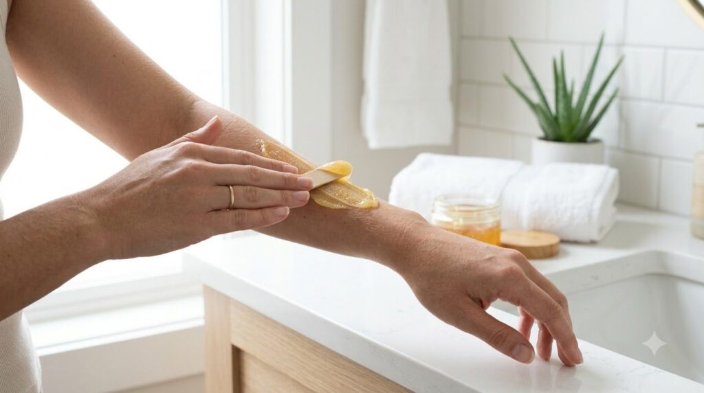 A woman s hand applying a yellowish paste to her forearm in an even layer