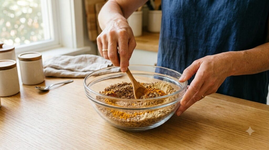 A person mixing ground flaxseed meal amla powder and turmeric powder in a glass bowl with a spoon