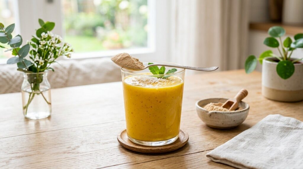 A glass of vibrant yellow smoothie with a spoon of the DIY skin-supporting powder next to it