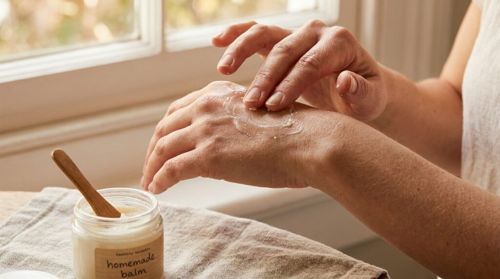Hands gently massaging a small amount of the DIY smoothing balm onto clean skin on the back of a hand
