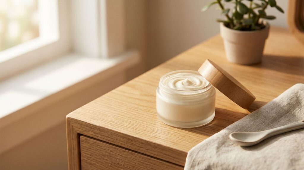 A small elegant glass jar filled with the finished DIY smoothing balm placed on a vanity with soft lighting