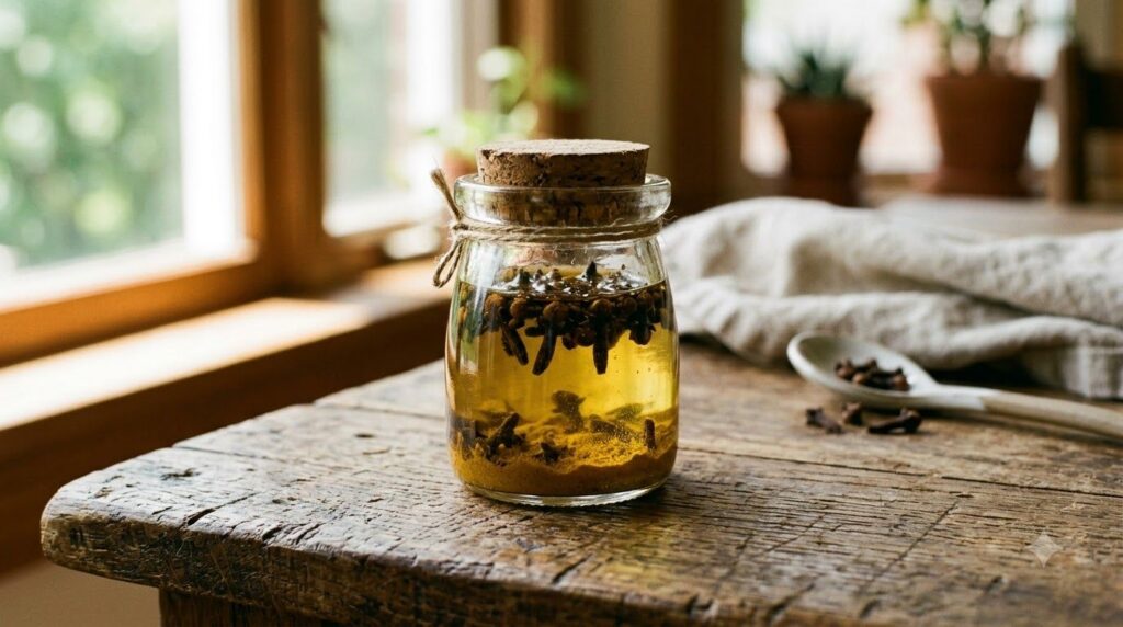 A small glass jar with whole cloves and turmeric powder submerged in a carrier oil with a label Botox Oil visible