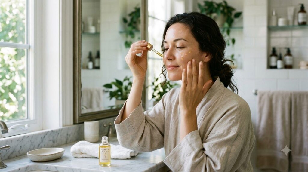 A woman applying a few drops of homemade facial oil to her face with a dropper demonstrating a gentle massage technique