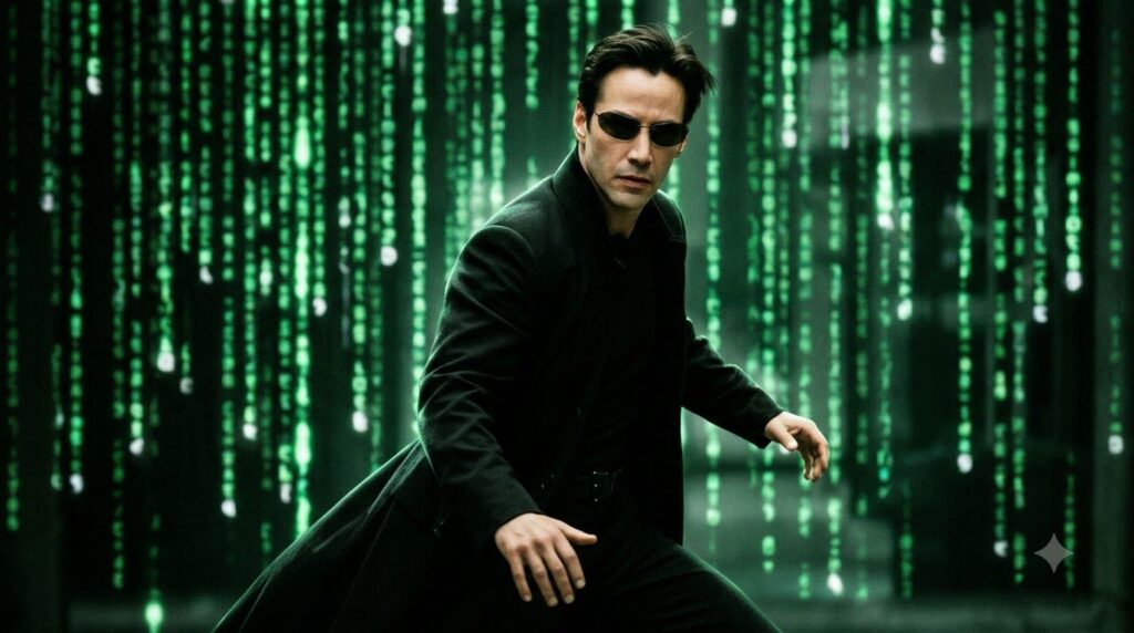 Keanu Reeves as Neo in The Matrix wearing a black trench coat and sunglasses ready for action in a futuristic digital-lo