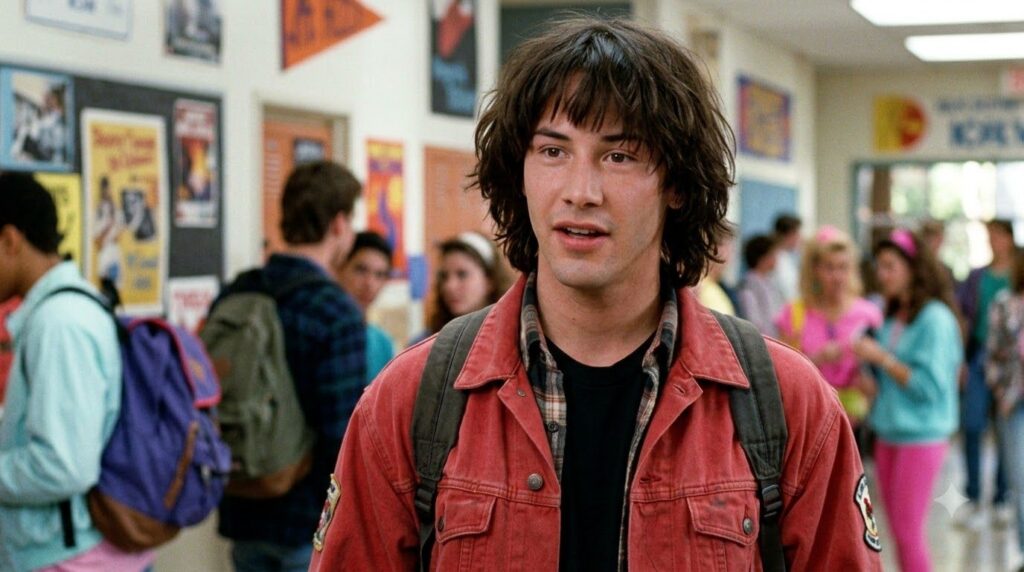 A young Keanu Reeves as Ted Theodore Logan from Bill Ted s Excellent Adventure with long dark hair and a bewildered but 