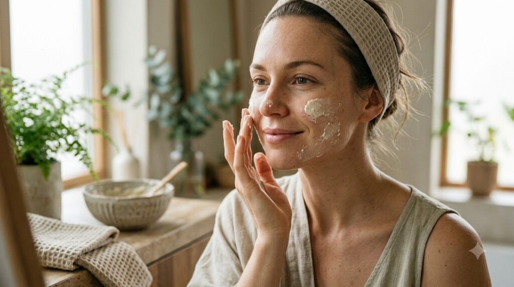A woman gently applying the DIY face mask to her clean face showing a smooth application with a serene expression